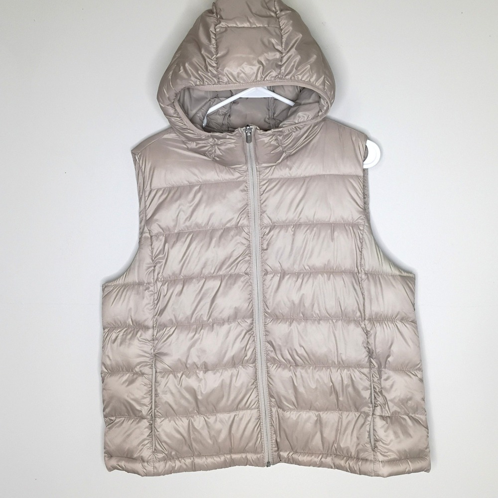 Athleta Aire Puffer Vest L Hooded Taupe